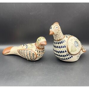 Tonala Mexican Pottery Birds Dove & Quail Figurine Hand-Painted Signed Set of 2
